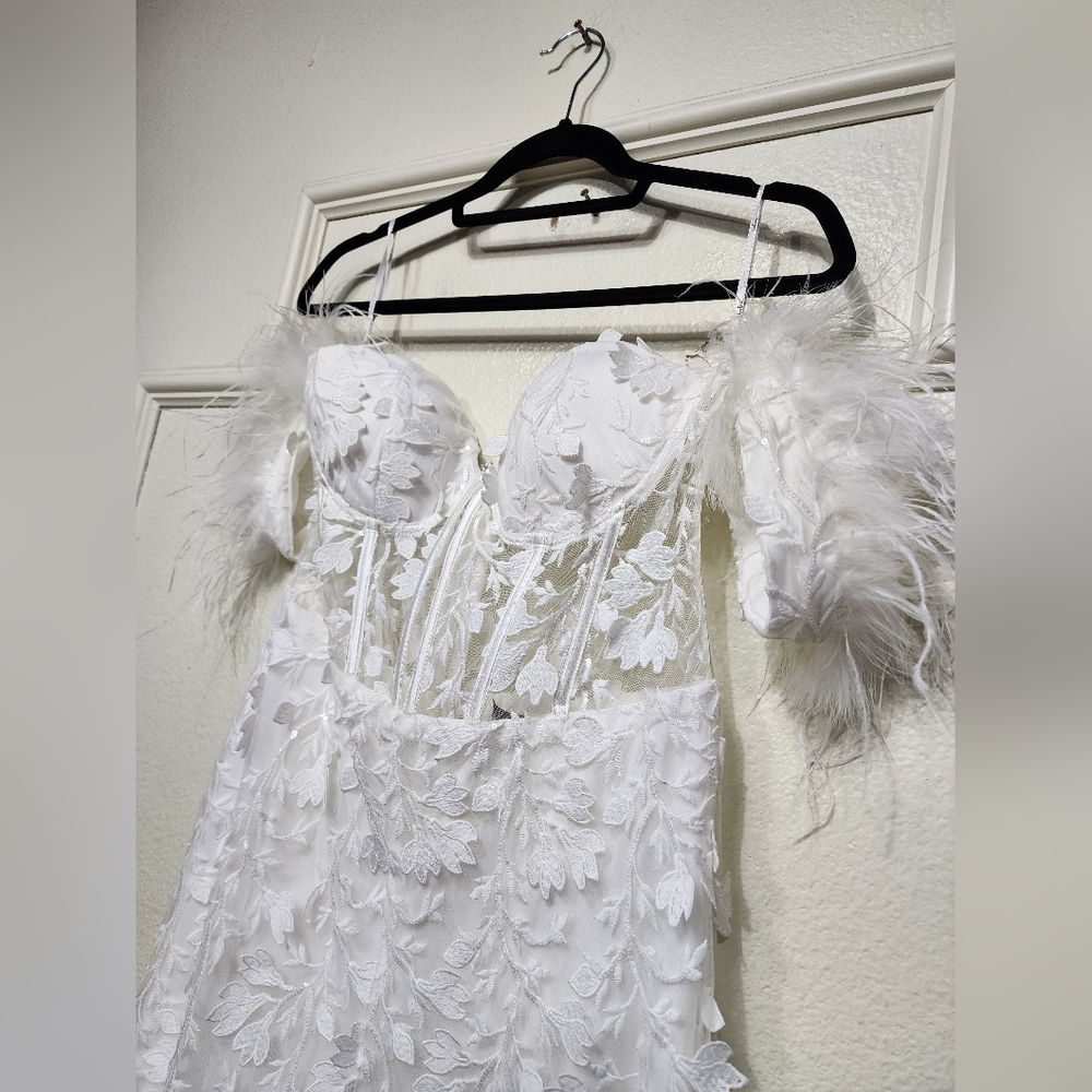 Lulus Midnight Sparkle White Mesh Embroidered Feather Bustier Jumpsuit XL Bridal - Picture 7 of 9